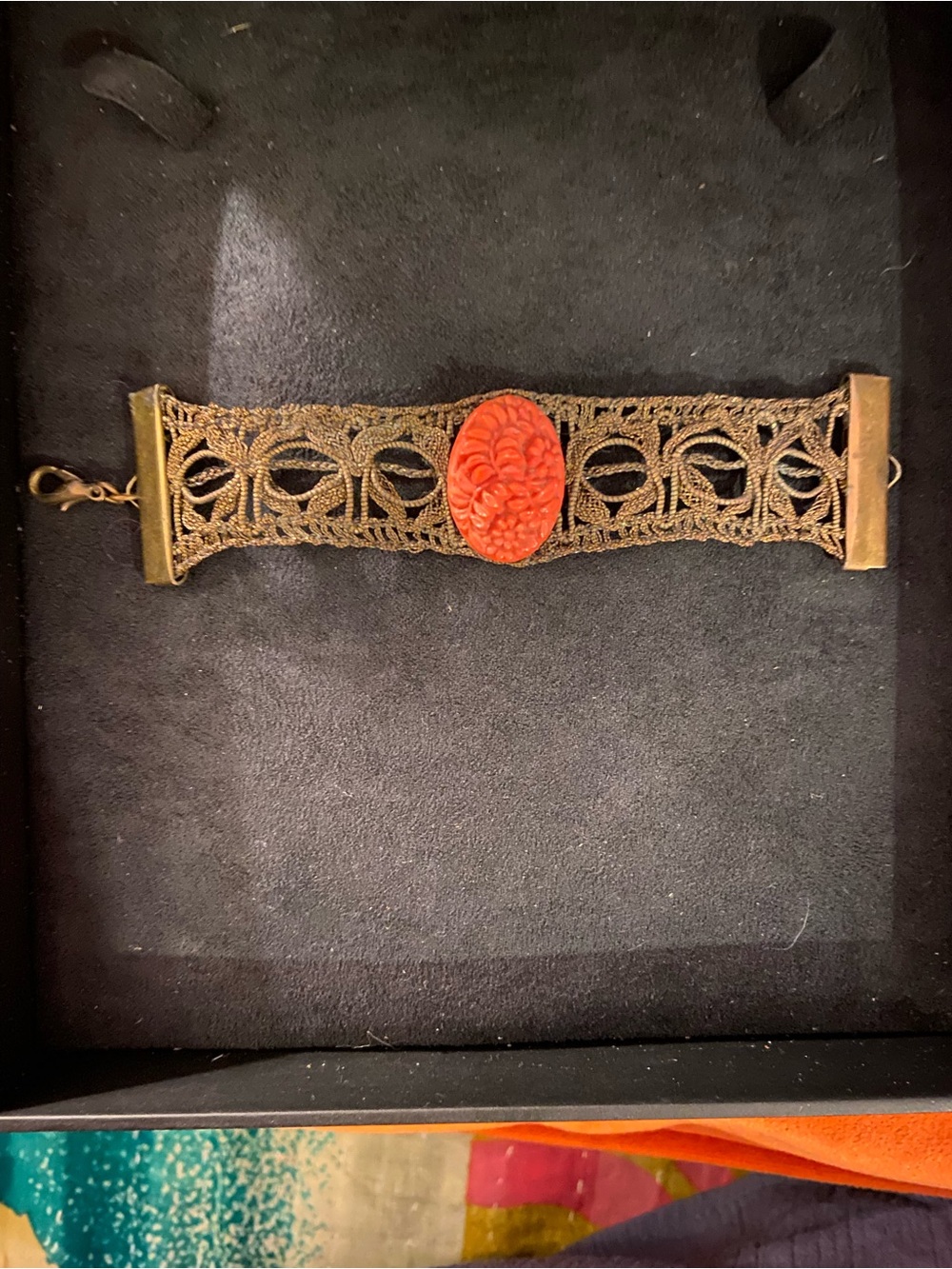 Vintage Bracelet with Gold Filigree and Coral Colored Carved Center